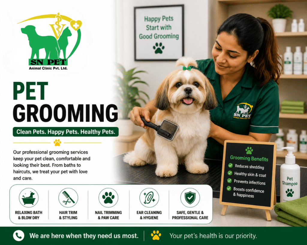 Professional pet grooming services for dogs and cats at SN Pet Animal Clinic in Kathmandu and Lalitpur