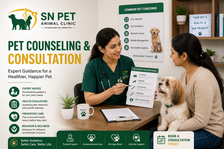 Veterinarian providing pet counseling and consultation services for dogs and cats at SN Pet Animal Clinic in Nepal