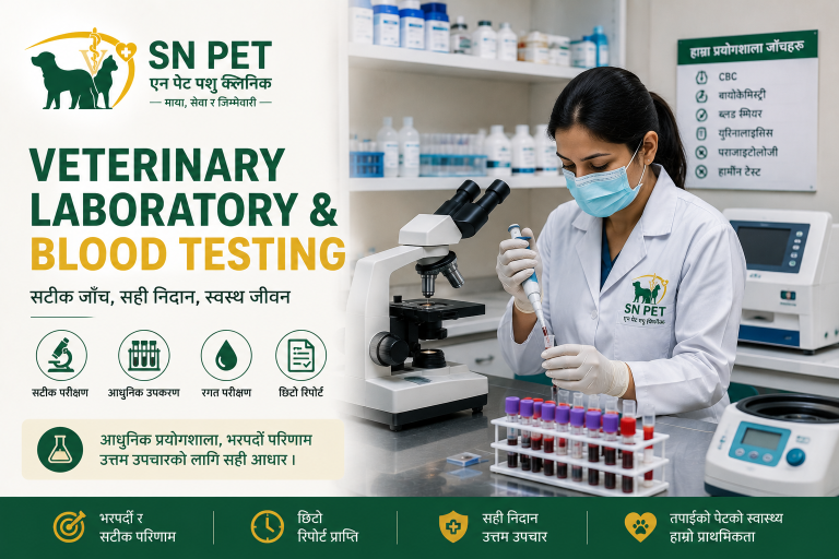 Veterinary laboratory and blood testing services for dogs and cats at SN Pet Animal Clinic in Nepal